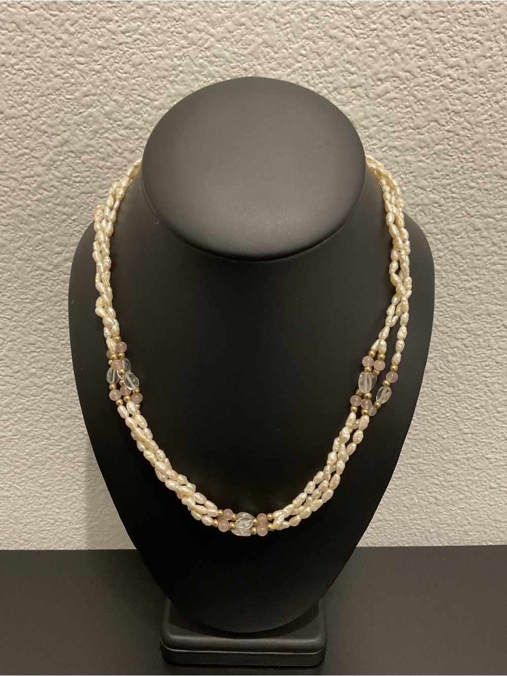 Vintage 3-Strand Freshwater Rice Pearl Necklace Gemstone Rose Quartz